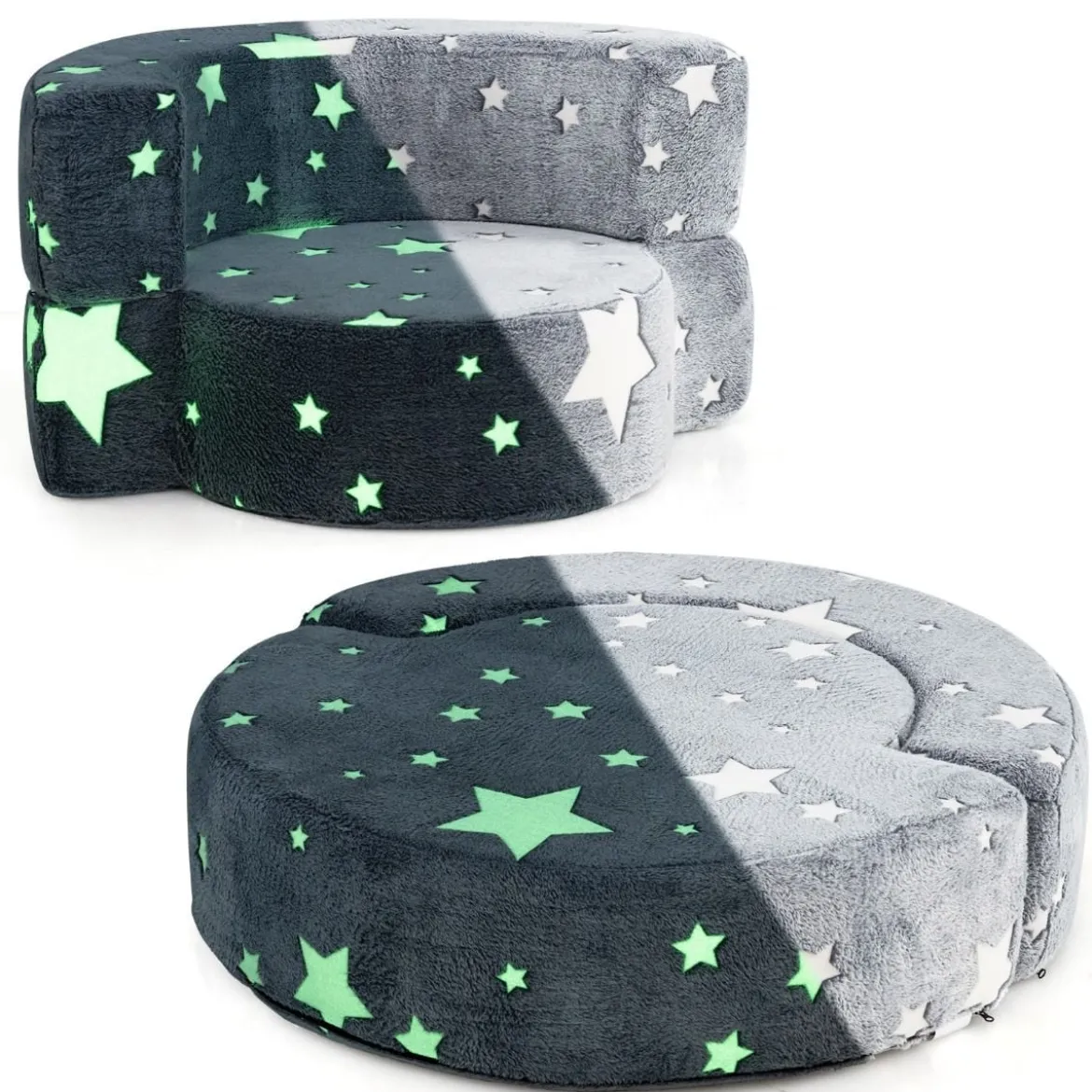 2 in 1 Kindersofa rund Spielsofa im Dunkeln Leuchtend Kindercouch gepolstert mit abnehmbarem Bezug Grau/Blau
