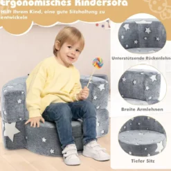 2 in 1 Kindersofa rund Spielsofa im Dunkeln Leuchtend Kindercouch gepolstert mit abnehmbarem Bezug Grau/Blau