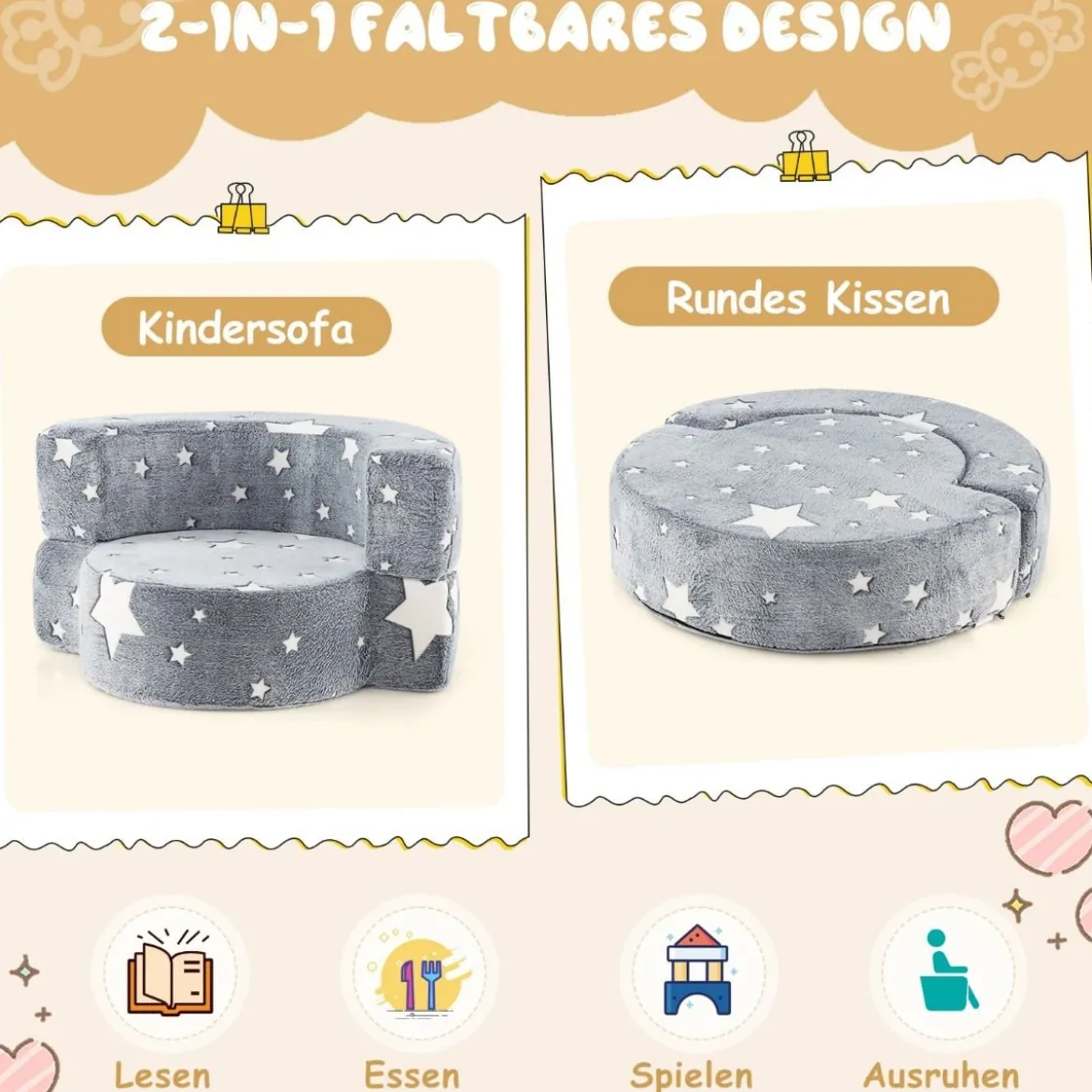 2 in 1 Kindersofa rund Spielsofa im Dunkeln Leuchtend Kindercouch gepolstert mit abnehmbarem Bezug Grau/Blau