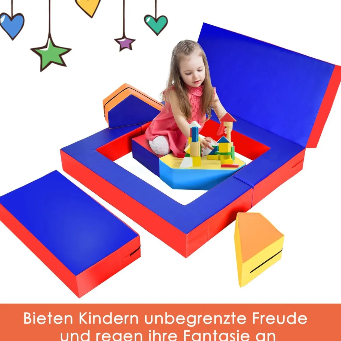 4 in 1 Kinder Sofa & Sitzgruppe & Bett & Puzzle Matraze 6 tlg. Schaumstoffbausteine Soft Foam Bunt