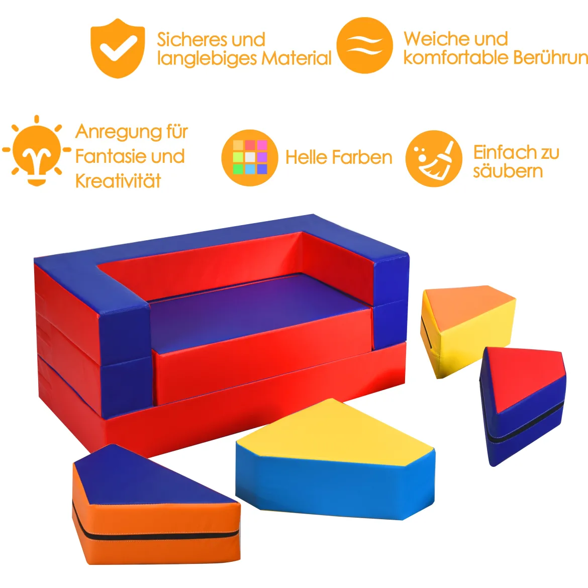 4 in 1 Kinder Sofa & Sitzgruppe & Bett & Puzzle Matraze 6 tlg. Schaumstoffbausteine Soft Foam Bunt