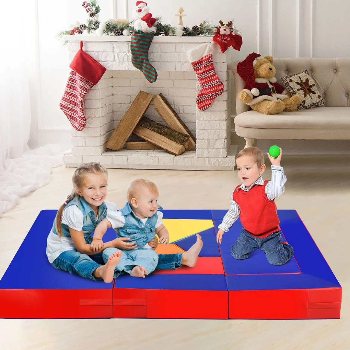4 in 1 Kinder Sofa & Sitzgruppe & Bett & Puzzle Matraze 6 tlg. Schaumstoffbausteine Soft Foam Bunt