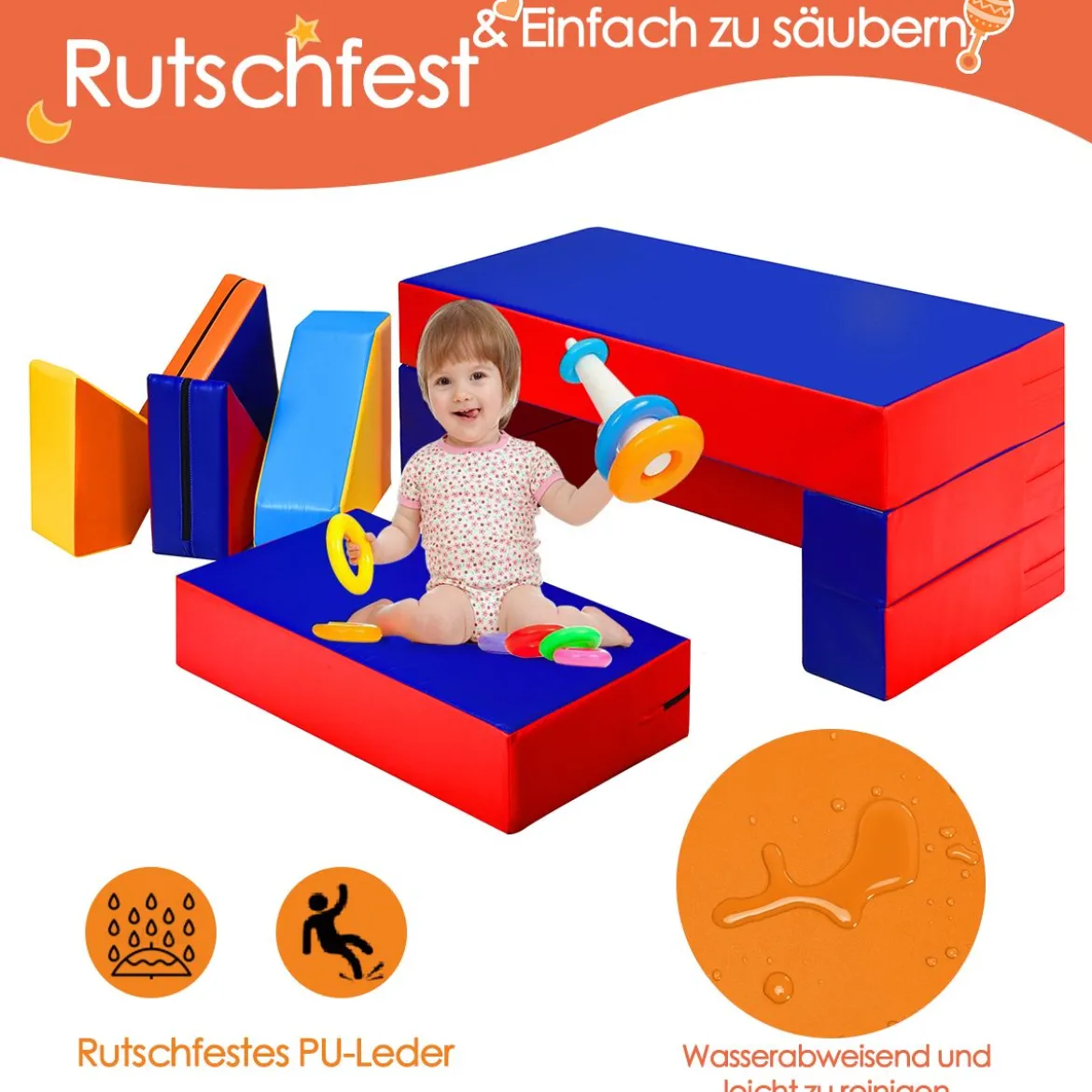 4 in 1 Kinder Sofa & Sitzgruppe & Bett & Puzzle Matraze 6 tlg. Schaumstoffbausteine Soft Foam Bunt