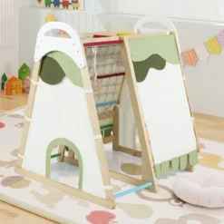 6-in-1 Kinderspielplatz für drinnen Holz Klettergerüst mit Rutsche Affenstangen Natur