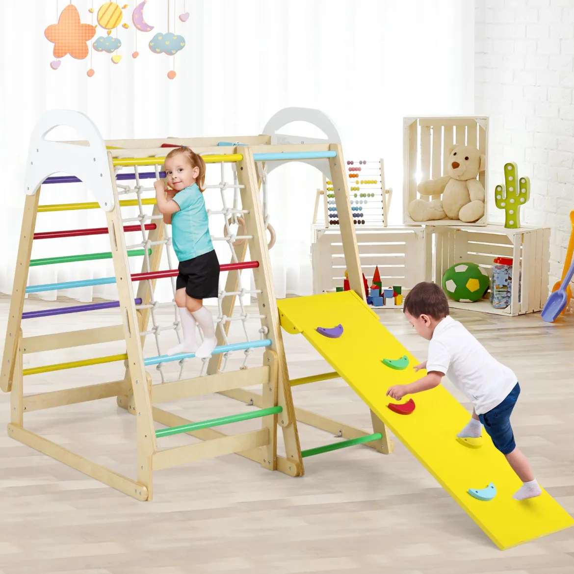 6-in-1 Kinderspielplatz für drinnen Holz Klettergerüst mit Rutsche Affenstangen Natur