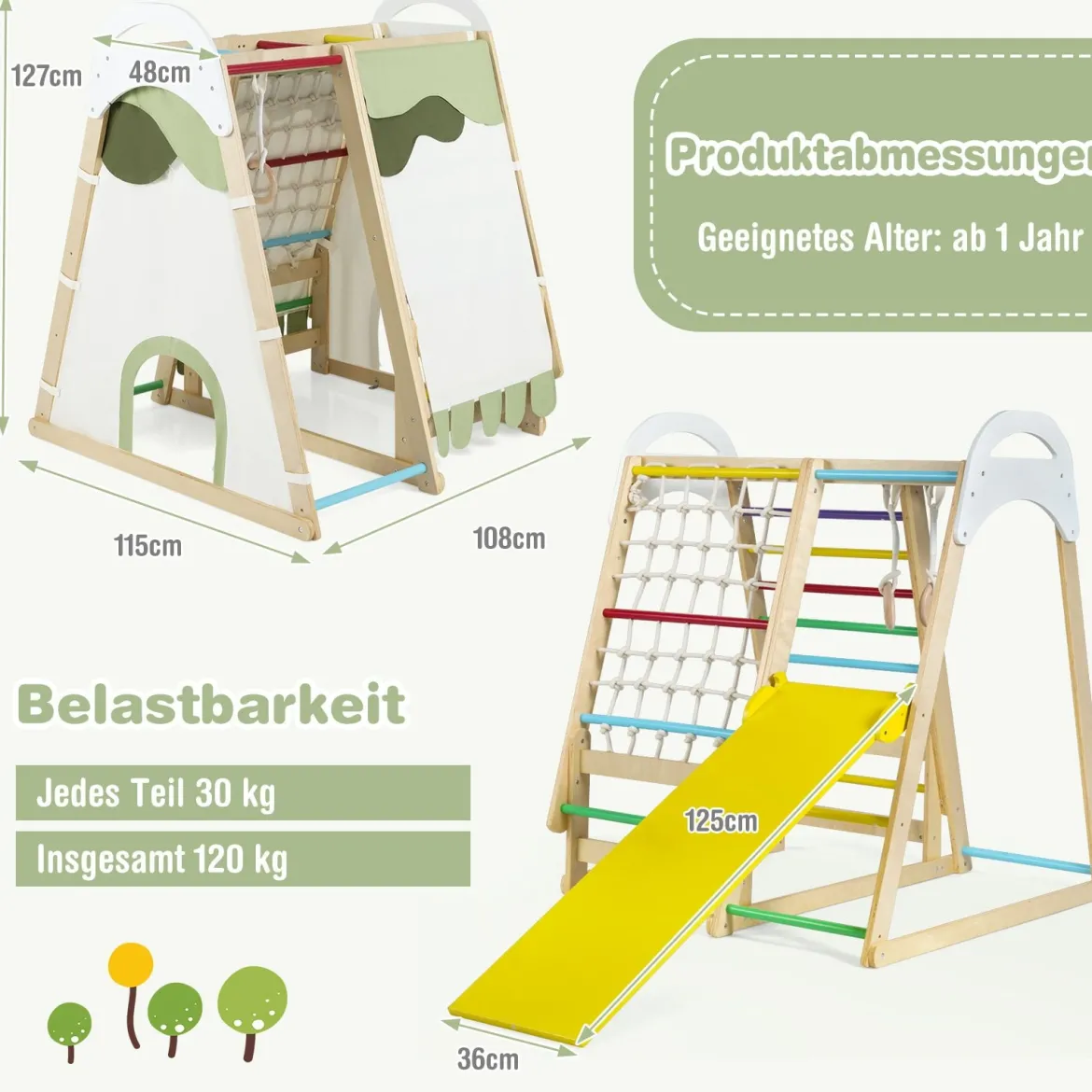 6-in-1 Kinderspielplatz für drinnen Holz Klettergerüst mit Rutsche Affenstangen Natur