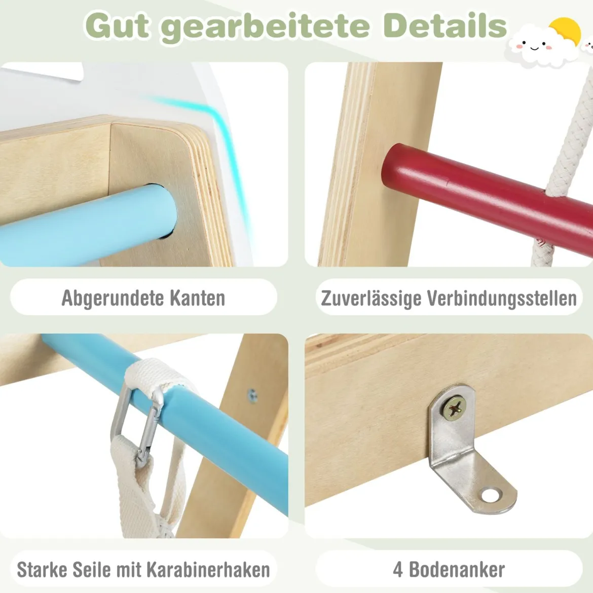 6-in-1 Kinderspielplatz für drinnen Holz Klettergerüst mit Rutsche Affenstangen Natur