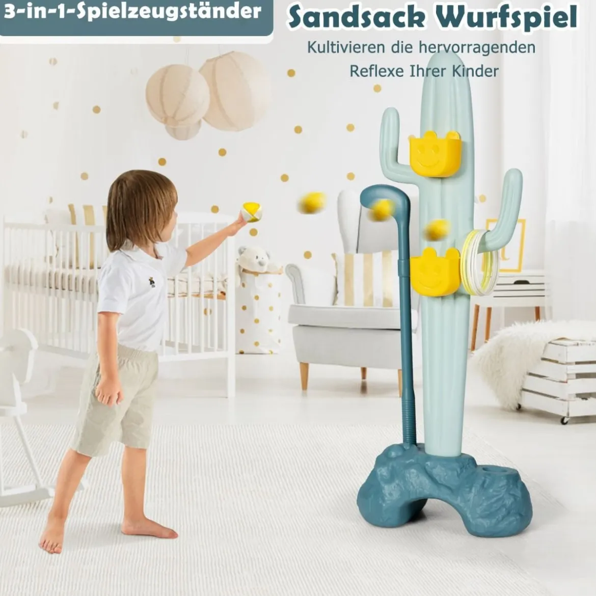 3 in 1 Kinder Spielplatz Kinder Golfset & Ringwurfspiel & Bohnensäckchen 38 x 22 x 103 cm Bunt