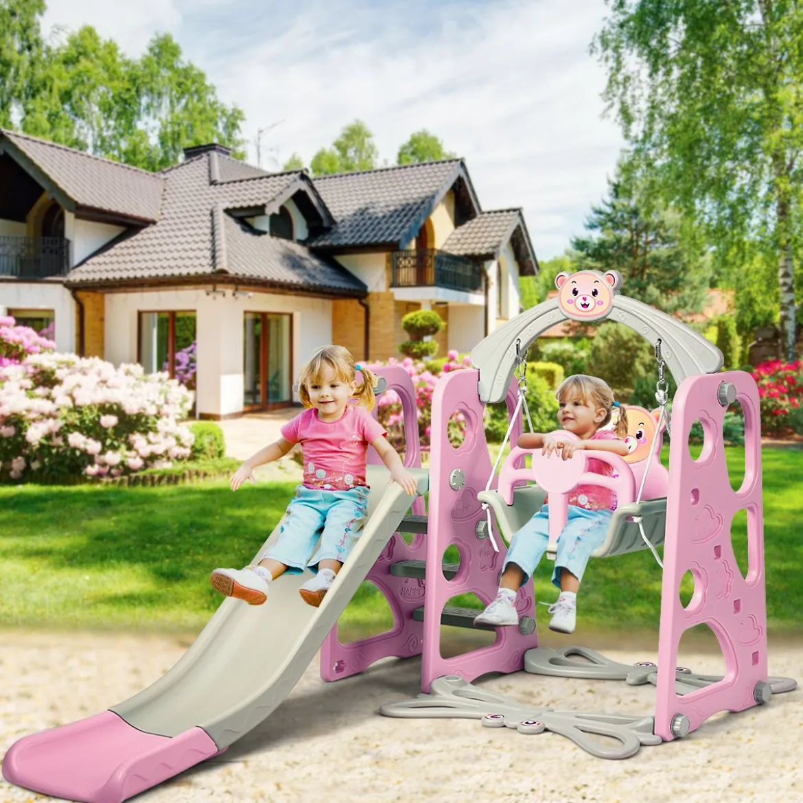 4 in 1 Kinder Spielplatz Kinder Rutsche & Schaukel Gartenschaukel Rosa