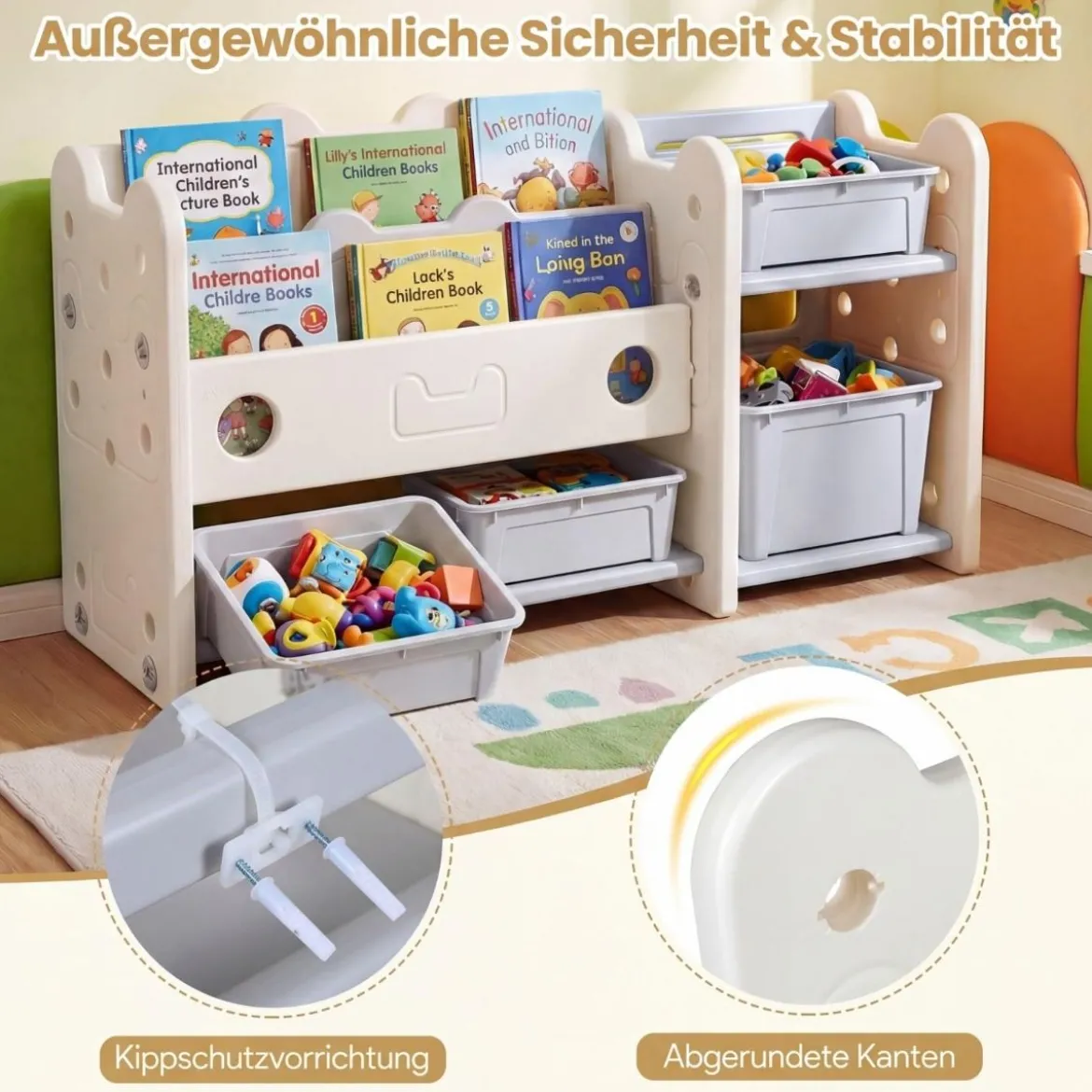 2 in 1 Kinder Spielzeugregal mit Bücherregal 2-stufiges Kinderbuchregal mit 4 Aufbewahrungsboxen Weiß