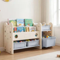 2 in 1 Kinder Spielzeugregal mit Bücherregal 2-stufiges Kinderbuchregal mit 4 Aufbewahrungsboxen Weiß
