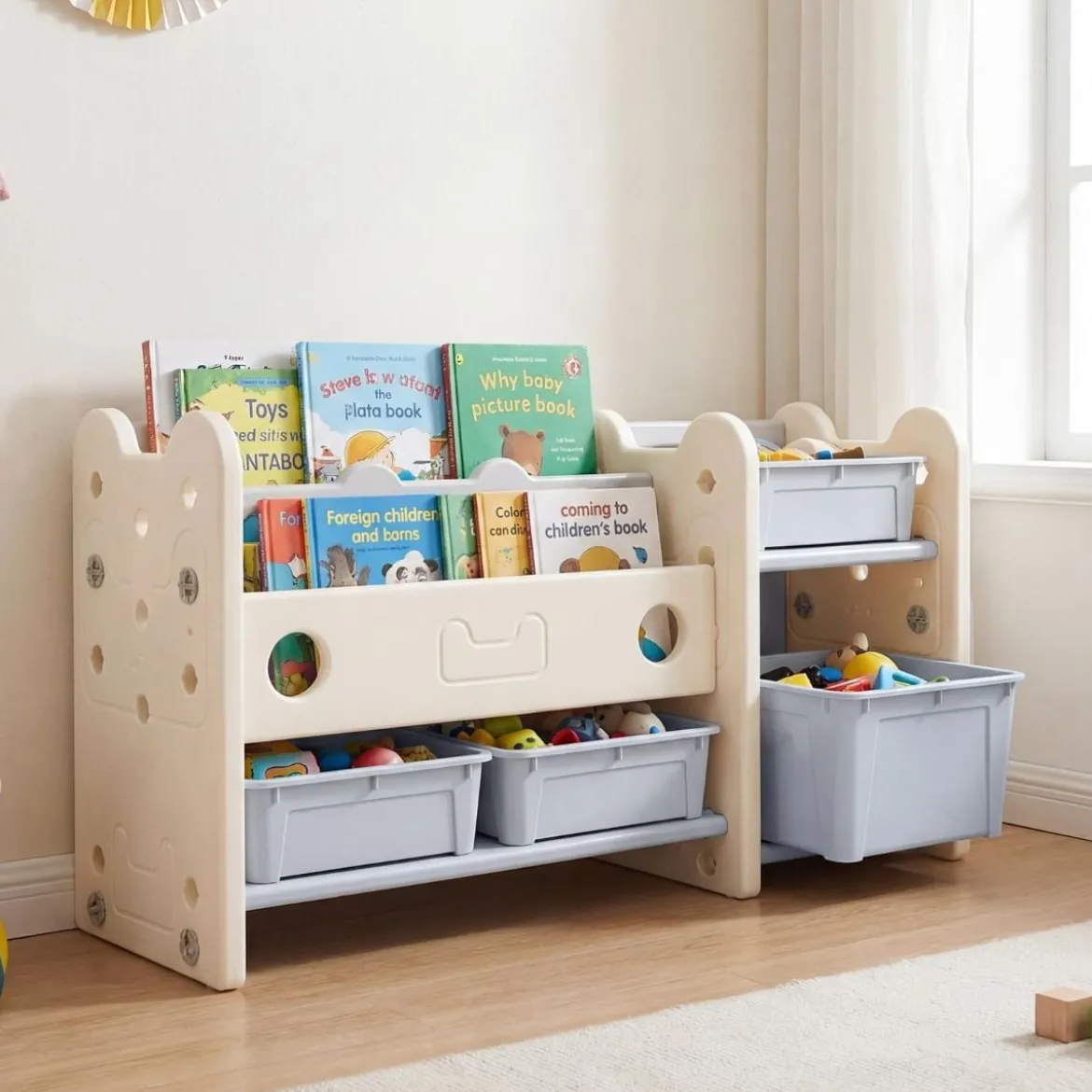 2 in 1 Kinder Spielzeugregal mit Bücherregal 2-stufiges Kinderbuchregal mit 4 Aufbewahrungsboxen Weiß