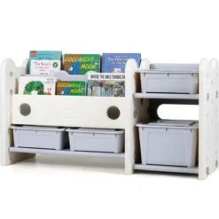 2 in 1 Kinder Spielzeugregal mit Bücherregal 2-stufiges Kinderbuchregal mit 4 Aufbewahrungsboxen Weiß