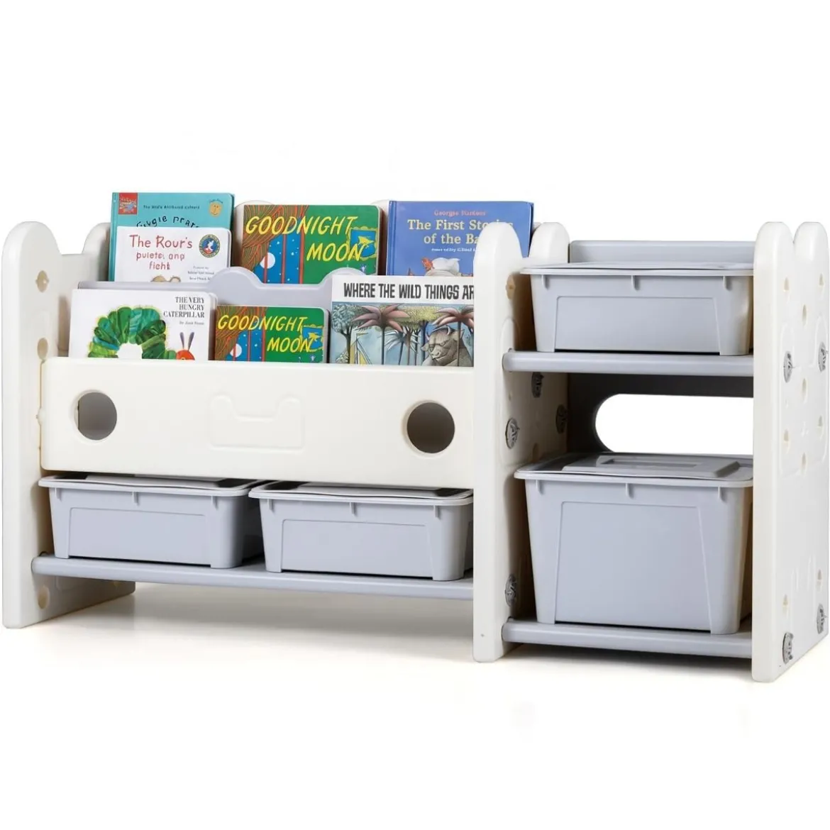 2 in 1 Kinder Spielzeugregal mit Bücherregal 2-stufiges Kinderbuchregal mit 4 Aufbewahrungsboxen Weiß