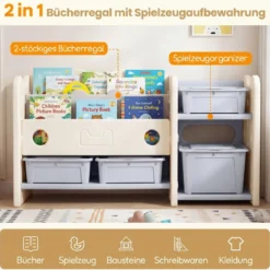 2 in 1 Kinder Spielzeugregal mit Bücherregal 2-stufiges Kinderbuchregal mit 4 Aufbewahrungsboxen Weiß