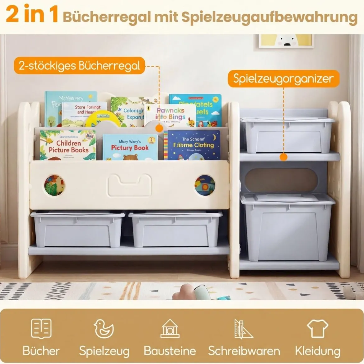 2 in 1 Kinder Spielzeugregal mit Bücherregal 2-stufiges Kinderbuchregal mit 4 Aufbewahrungsboxen Weiß