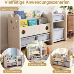 2 in 1 Kinder Spielzeugregal mit Bücherregal 2-stufiges Kinderbuchregal mit 4 Aufbewahrungsboxen Weiß
