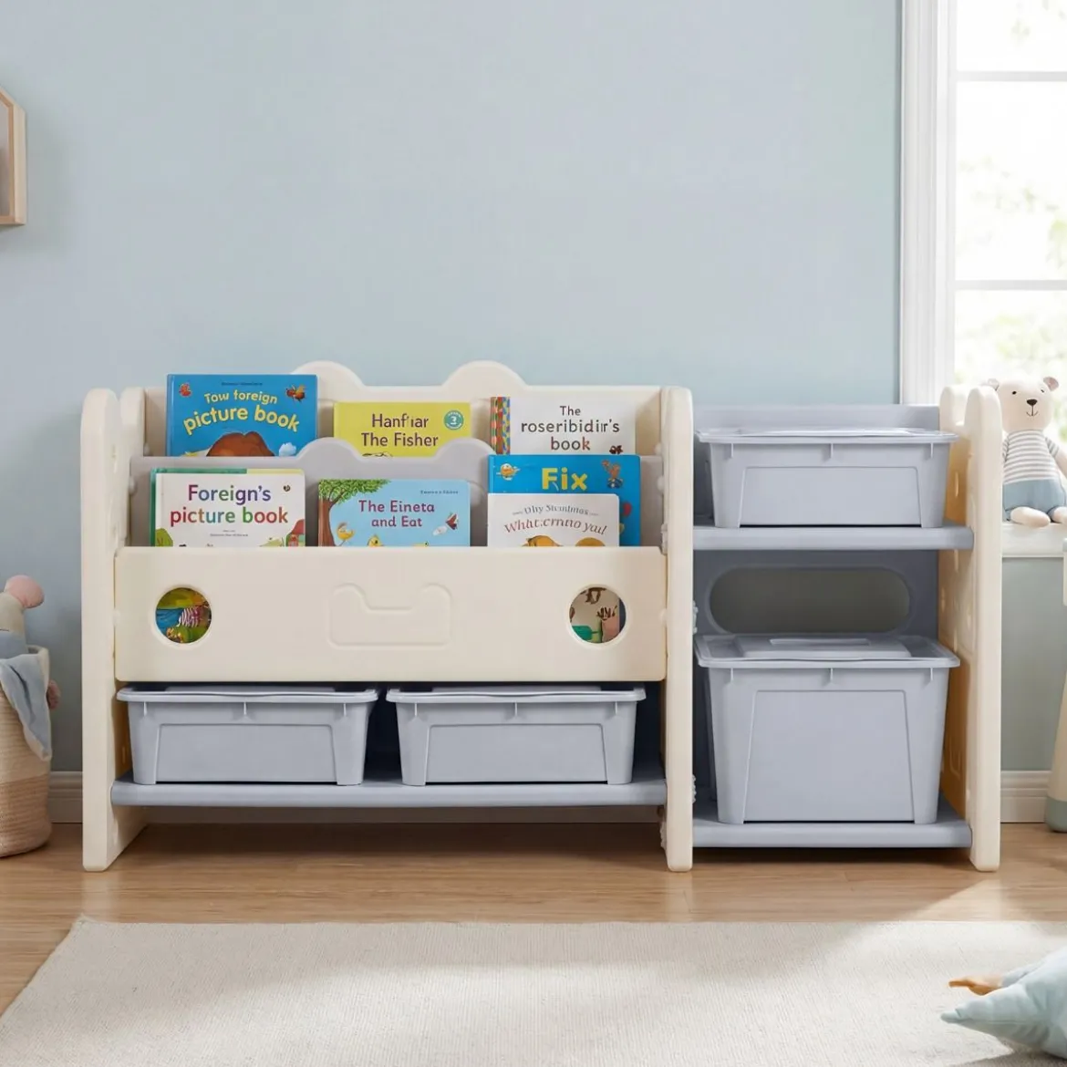 2 in 1 Kinder Spielzeugregal mit Bücherregal 2-stufiges Kinderbuchregal mit 4 Aufbewahrungsboxen Weiß