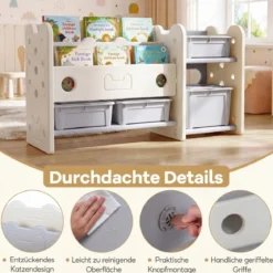 2 in 1 Kinder Spielzeugregal mit Bücherregal 2-stufiges Kinderbuchregal mit 4 Aufbewahrungsboxen Weiß