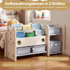 2 in 1 Kinder Spielzeugregal mit Bücherregal 2-stufiges Kinderbuchregal mit 4 Aufbewahrungsboxen Weiß