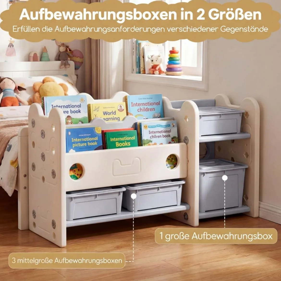2 in 1 Kinder Spielzeugregal mit Bücherregal 2-stufiges Kinderbuchregal mit 4 Aufbewahrungsboxen Weiß