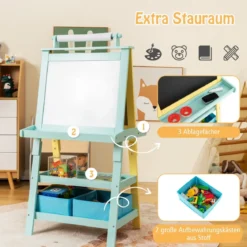 3 in 1 Kinder Staffelei Doppelseitig Whiteboard & Kreidetafel & Zeichenpapier Gelb + Blau