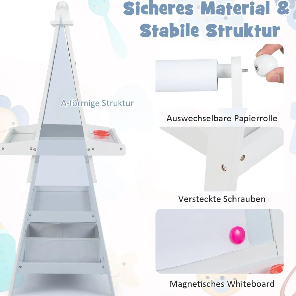 3 in 1 Kinder Staffelei Doppelseitig Whiteboard & Kreidetafel & Zeichenpapier Standtafel Weiß