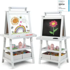3 in 1 Kinder Staffelei Doppelseitig Whiteboard & Kreidetafel & Zeichenpapier Standtafel Weiß