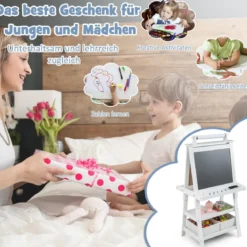 3 in 1 Kinder Staffelei Doppelseitig Whiteboard & Kreidetafel & Zeichenpapier Standtafel Weiß