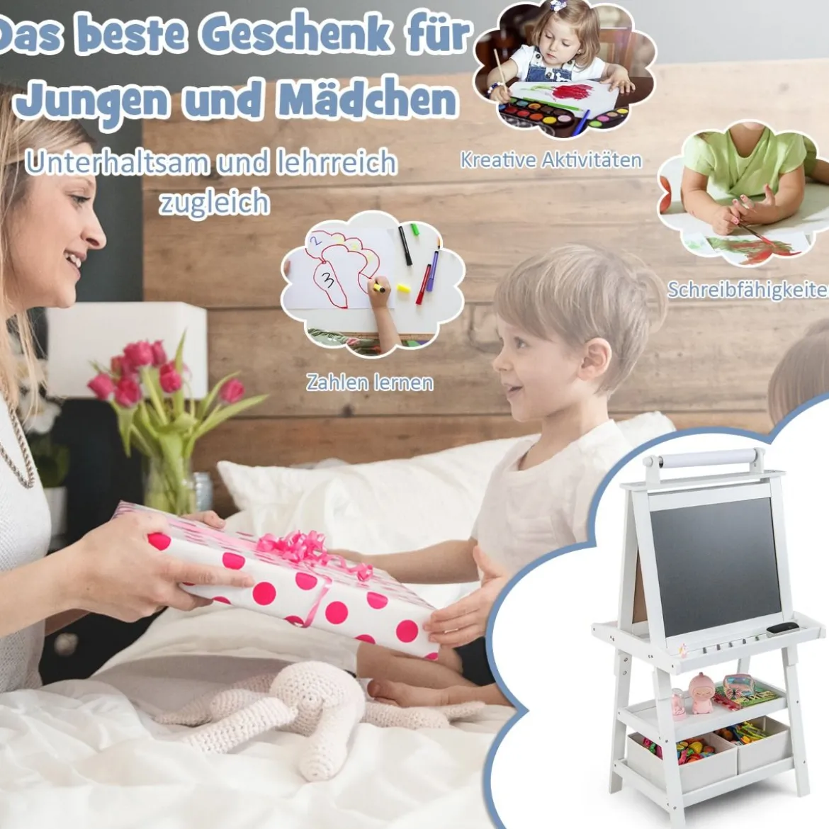 3 in 1 Kinder Staffelei Doppelseitig Whiteboard & Kreidetafel & Zeichenpapier Standtafel Weiß