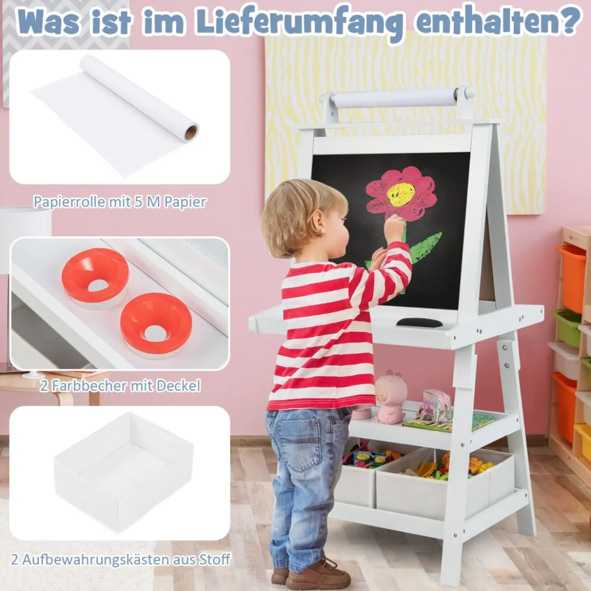 3 in 1 Kinder Staffelei Doppelseitig Whiteboard & Kreidetafel & Zeichenpapier Standtafel Weiß