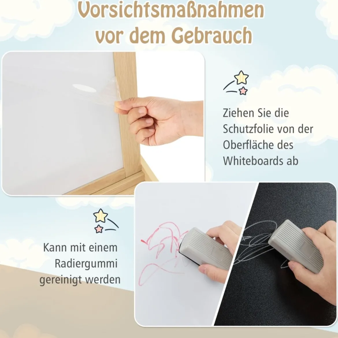 3 in 1 Kinder Staffelei Doppelseitig Whiteboard & Kreidetafel & Zeichenpapier Natur