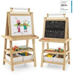 3 in 1 Kinder Staffelei Doppelseitig Whiteboard & Kreidetafel & Zeichenpapier Natur