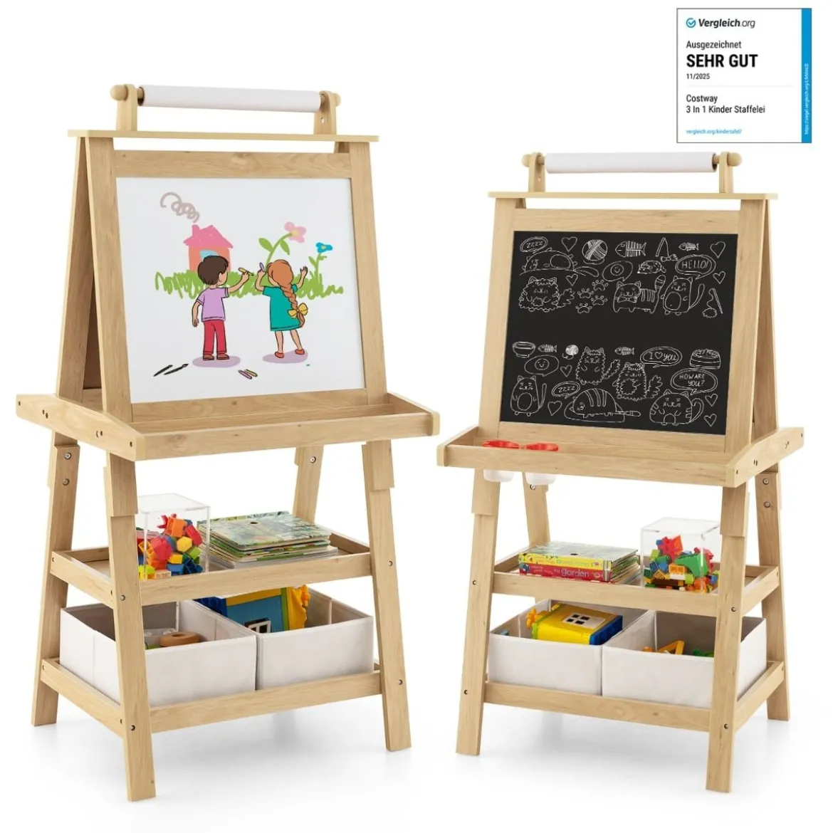 3 in 1 Kinder Staffelei Doppelseitig Whiteboard & Kreidetafel & Zeichenpapier Natur
