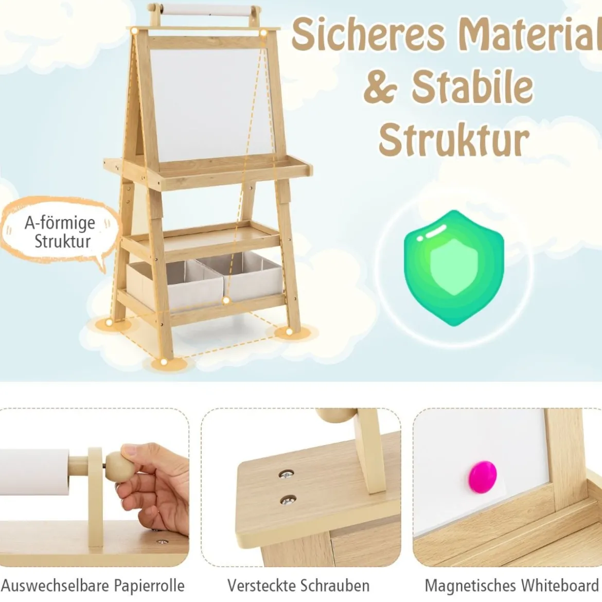3 in 1 Kinder Staffelei Doppelseitig Whiteboard & Kreidetafel & Zeichenpapier Natur