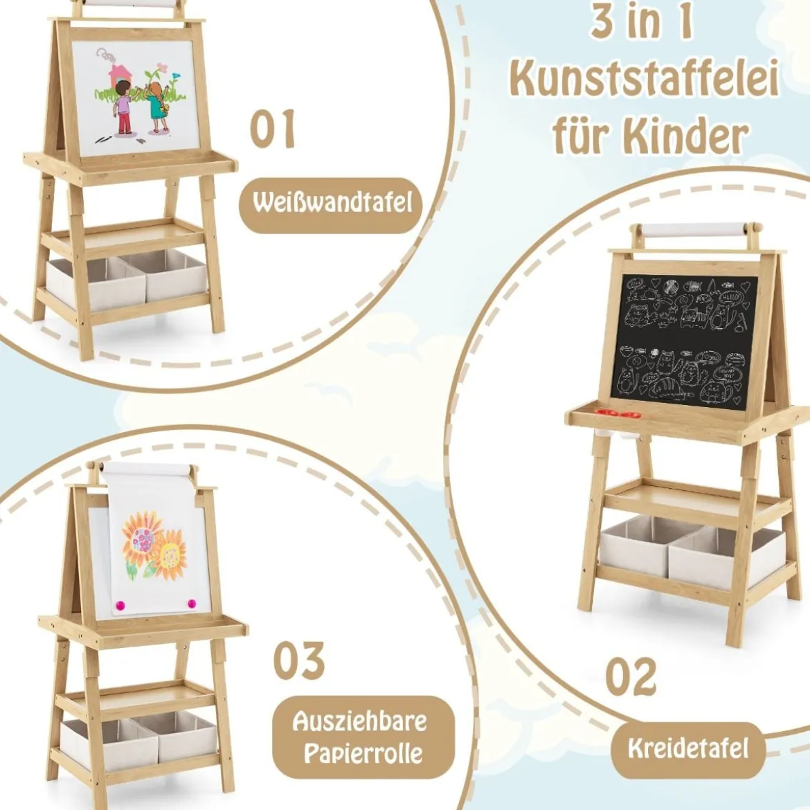 3 in 1 Kinder Staffelei Doppelseitig Whiteboard & Kreidetafel & Zeichenpapier Natur