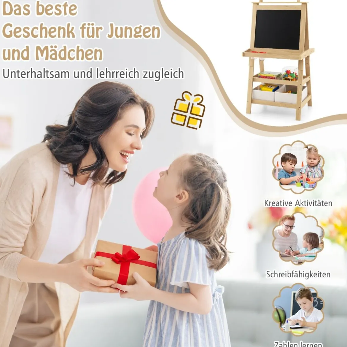 3 in 1 Kinder Staffelei Doppelseitig Whiteboard & Kreidetafel & Zeichenpapier Natur