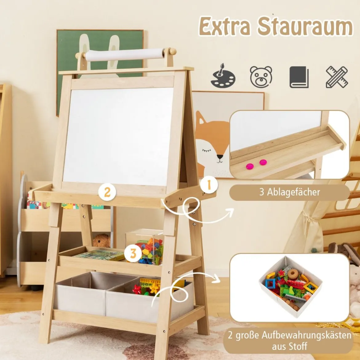 3 in 1 Kinder Staffelei Doppelseitig Whiteboard & Kreidetafel & Zeichenpapier Natur