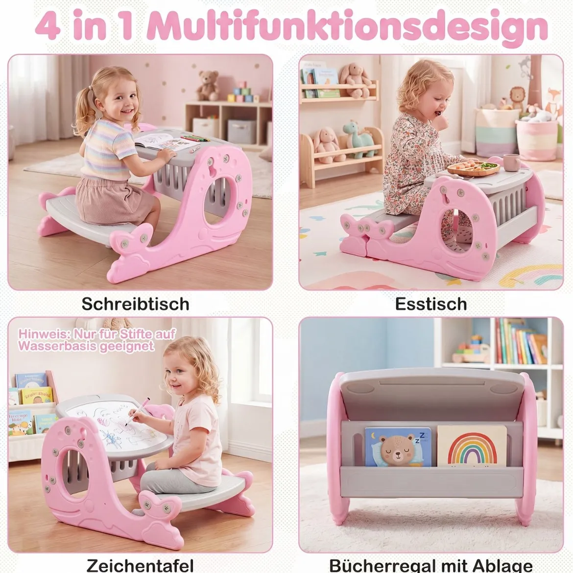4 in 1 Kinder Staffelei in Walform mit Bank & Doppelseitiger Tischplatte & Whiteboard Rosa