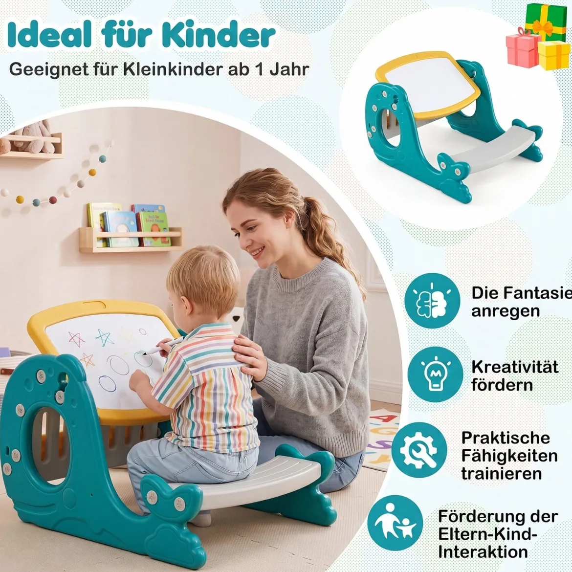 4 in 1 Kinder Staffelei in Walform mit Bank & Doppelseitiger Tischplatte & Whiteboard Gelb