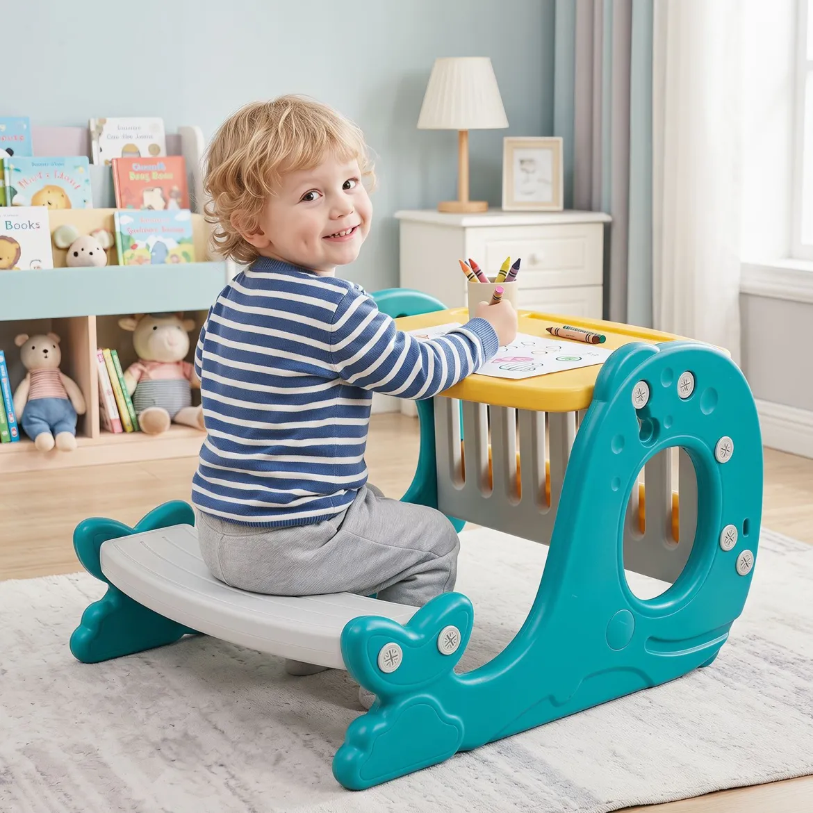 4 in 1 Kinder Staffelei in Walform mit Bank & Doppelseitiger Tischplatte & Whiteboard Gelb