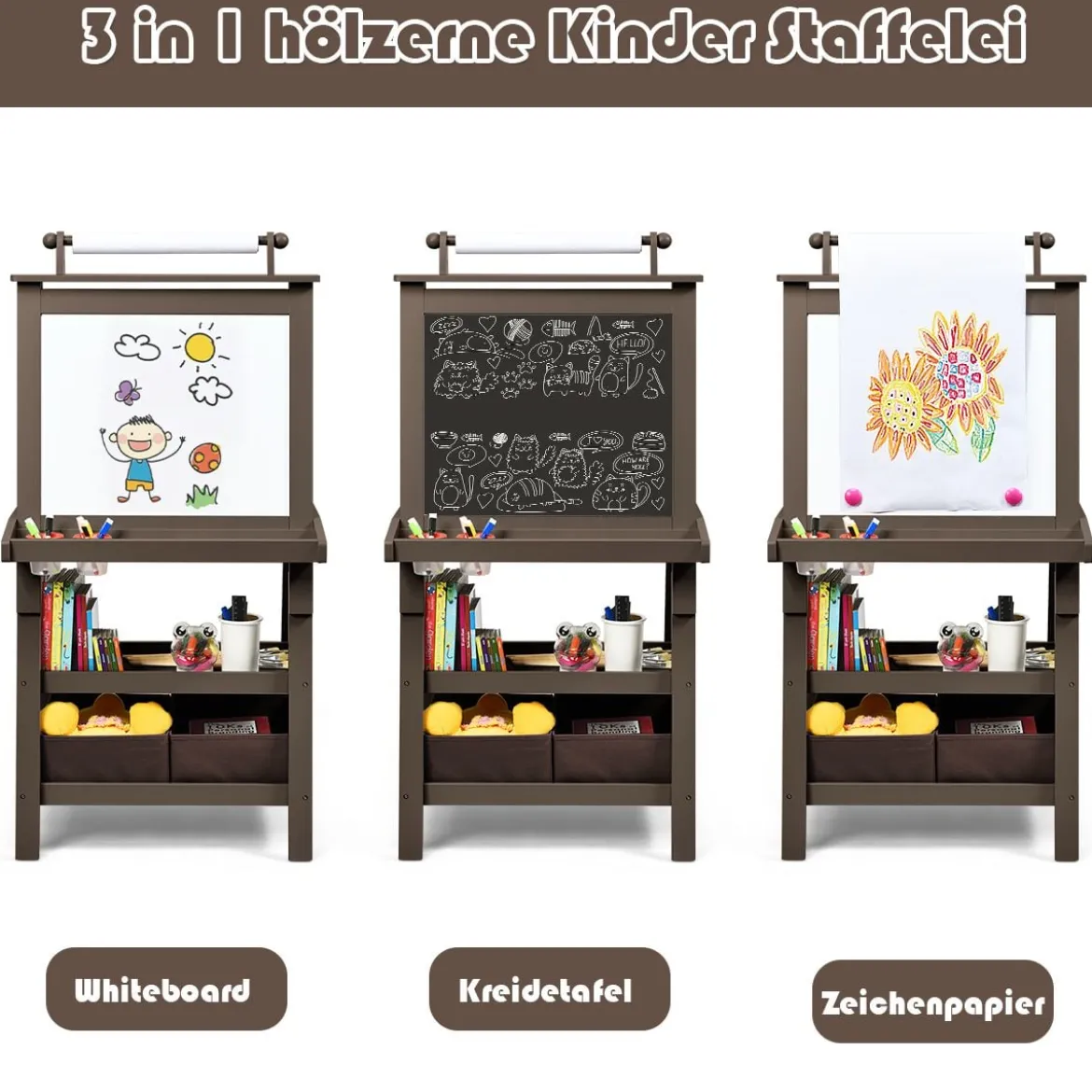 3 in 1 Kinder Staffelei Kindertafel doppelseitig Whiteboard Standtafel inkl. Magneten für Kleinkinder Kaffee