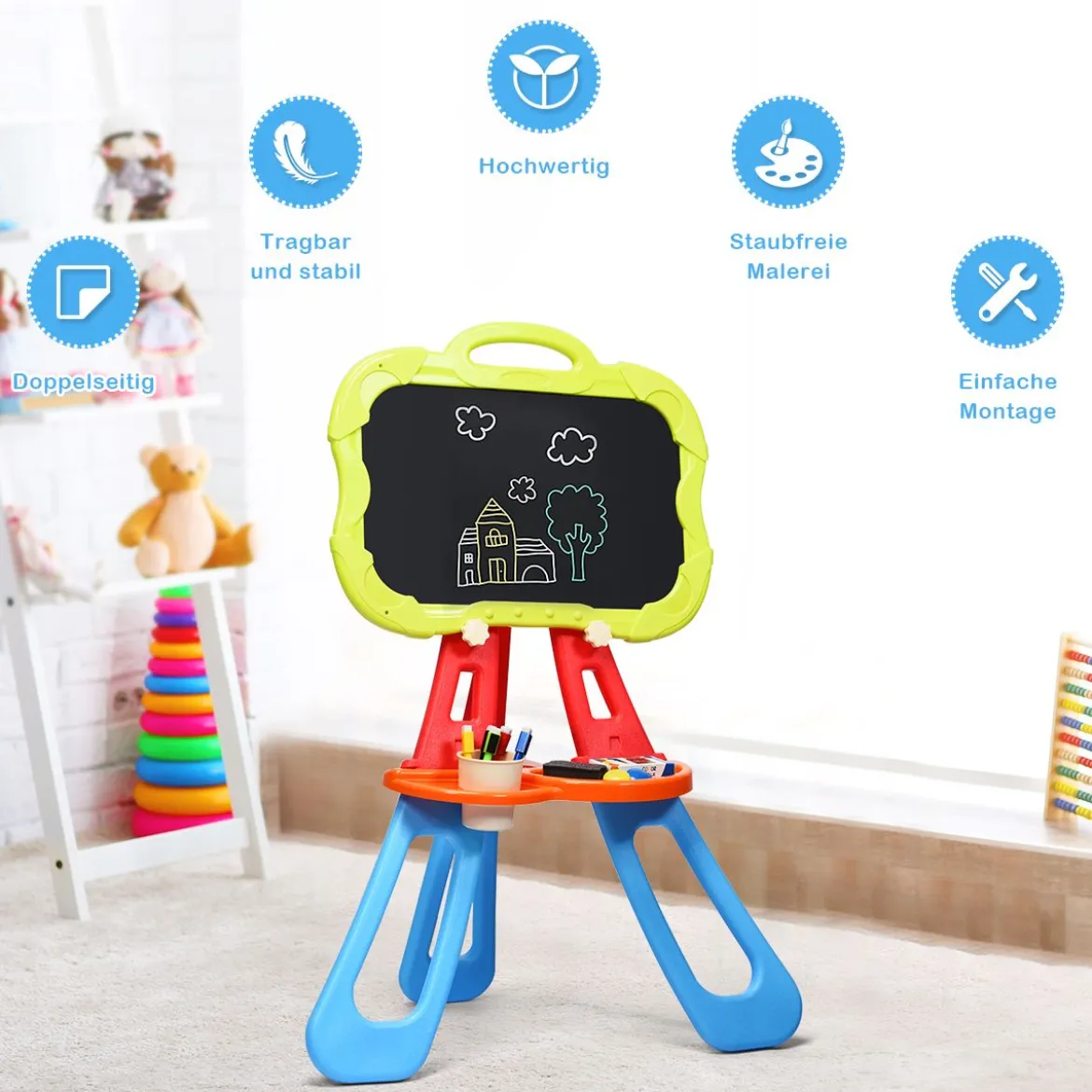 3 in 1 Kinder Staffelei Kindertafel doppelseitig Standtafel magnetisch Zeichentafel Whiteboard & Tafel mit Malzubehör und Ablagefach