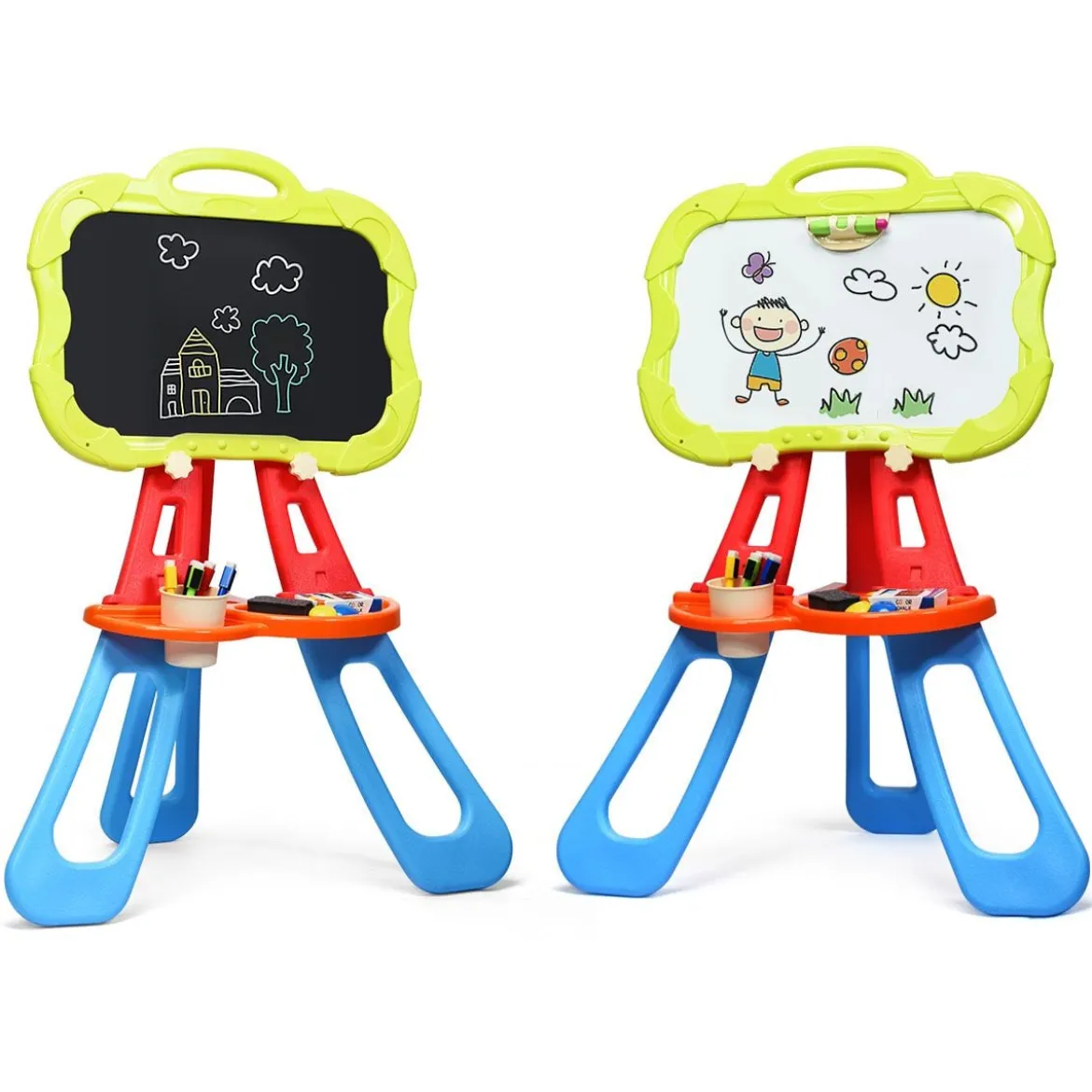3 in 1 Kinder Staffelei Kindertafel doppelseitig Standtafel magnetisch Zeichentafel Whiteboard & Tafel mit Malzubehör und Ablagefach