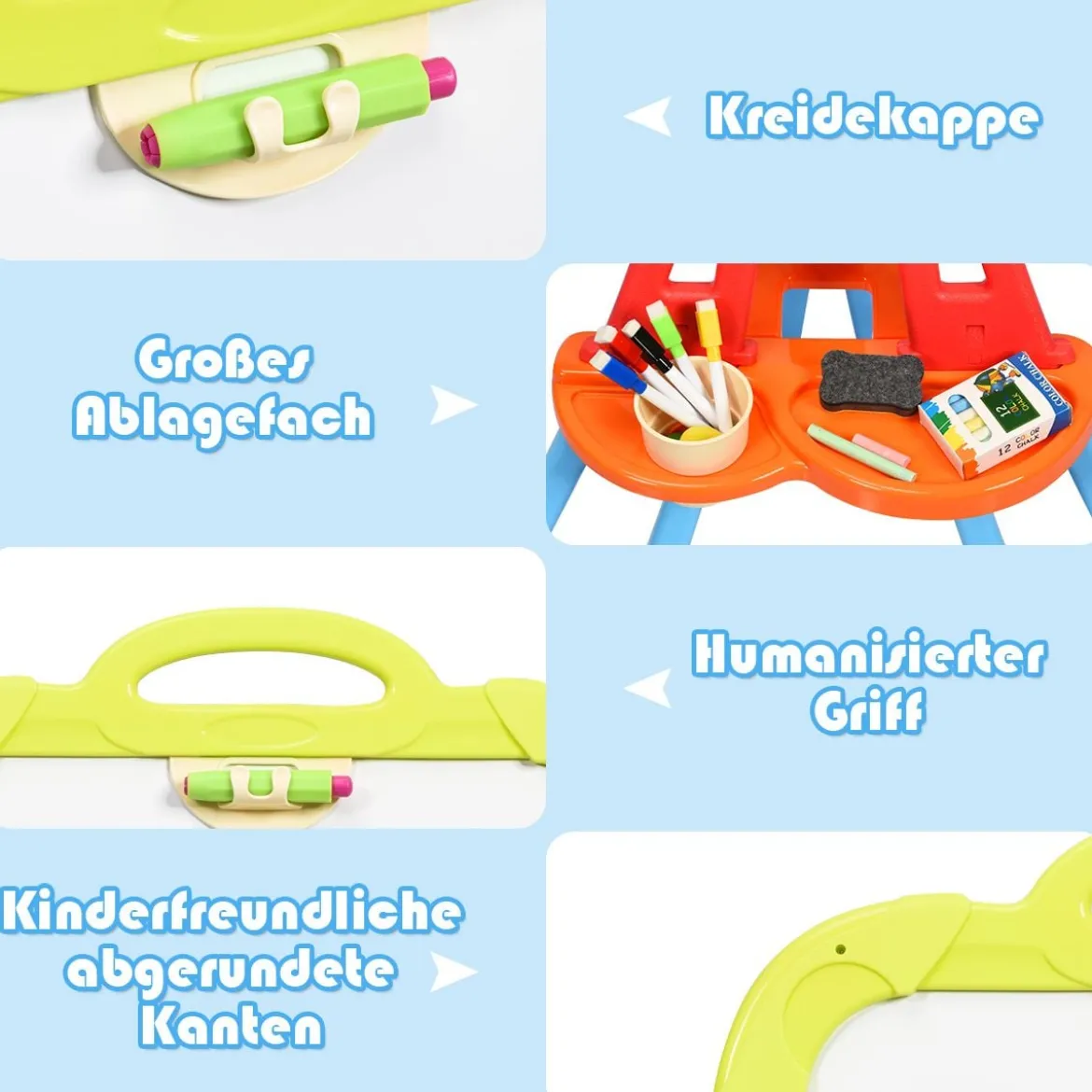 3 in 1 Kinder Staffelei Kindertafel doppelseitig Standtafel magnetisch Zeichentafel Whiteboard & Tafel mit Malzubehör und Ablagefach