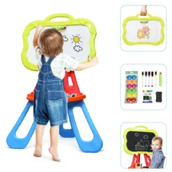 3 in 1 Kinder Staffelei Kindertafel doppelseitig Standtafel magnetisch Zeichentafel Whiteboard & Tafel mit Malzubehör und Ablagefach