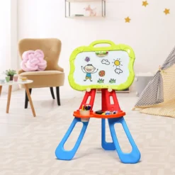 3 in 1 Kinder Staffelei Kindertafel doppelseitig Standtafel magnetisch Zeichentafel Whiteboard & Tafel mit Malzubehör und Ablagefach