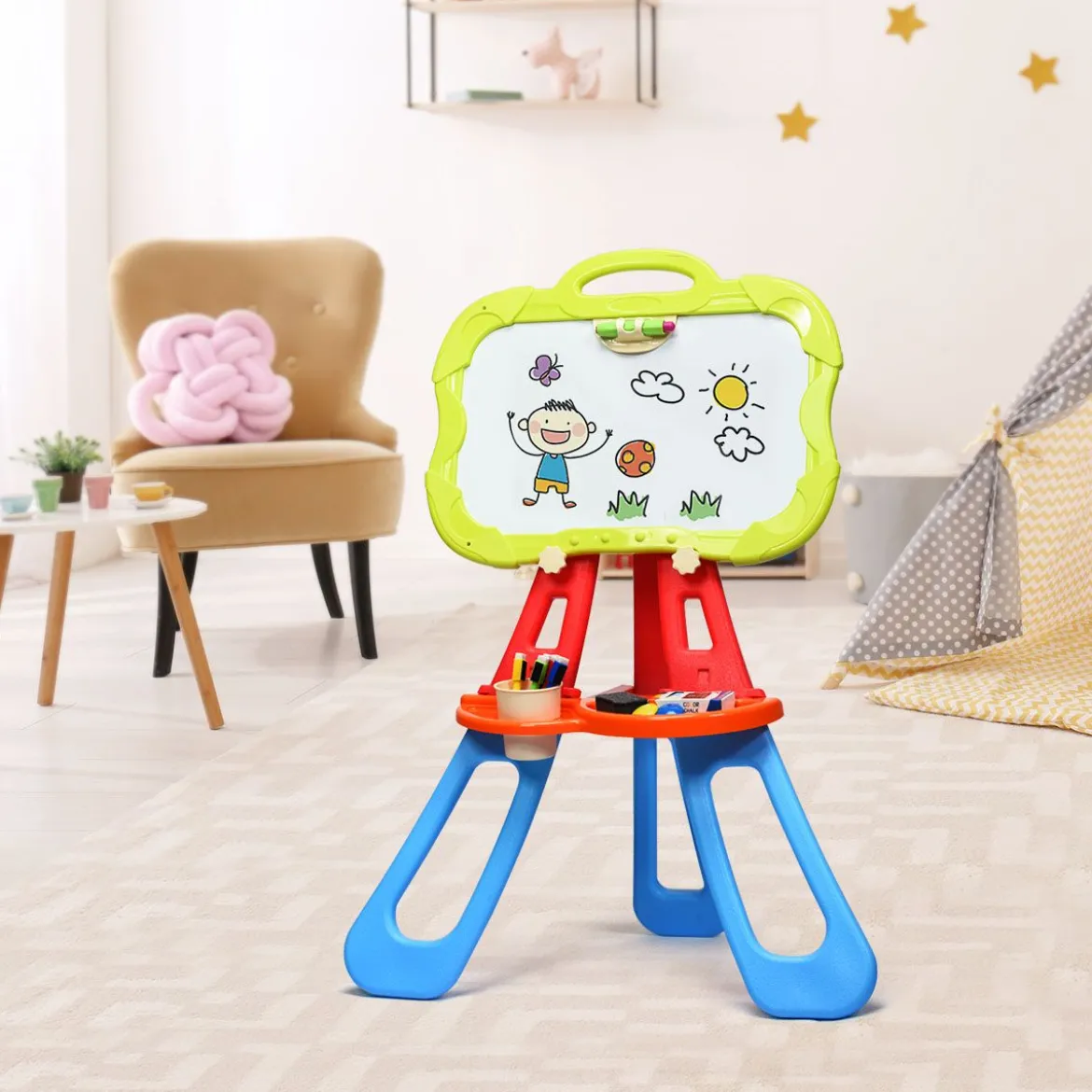3 in 1 Kinder Staffelei Kindertafel doppelseitig Standtafel magnetisch Zeichentafel Whiteboard & Tafel mit Malzubehör und Ablagefach