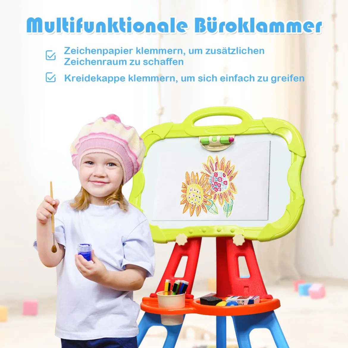 3 in 1 Kinder Staffelei Kindertafel doppelseitig Standtafel magnetisch Zeichentafel Whiteboard & Tafel mit Malzubehör und Ablagefach