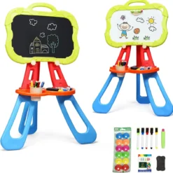 3 in 1 Kinder Staffelei Kindertafel doppelseitig Standtafel magnetisch Zeichentafel Whiteboard & Tafel mit Malzubehör und Ablagefach